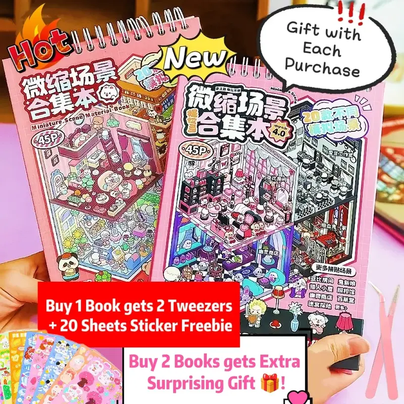 [2 Series of 45Page Scene Sticker Book] 25 Sticker Sheets+20 Miniature Scene+2 Tweezers+Extra Freebie, 20 New Theme Room Stic...