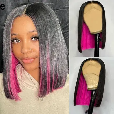 Pink Highlight Bob Wig Short Transprant Lace Blunt Cut Human Hair Wig
