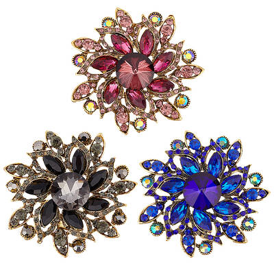 3Pcs 3 Colors Rhinestone Flower Brooch Pin