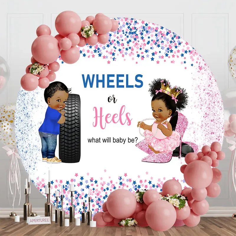 Wheels Or Heels Stars Round Gender Reveal Backdrop