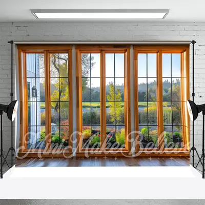 Green Trees Grass Golden Window Backdrop For Photo - Aperturee