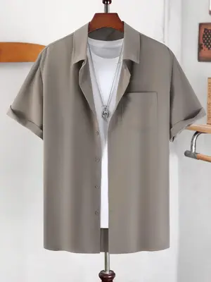 Men's Solid Short Sleeve Pocket Shirt, Regular Fit Trendy Casual Button Front Shirt, Summer Clothes, Men's Top for Summer, ...