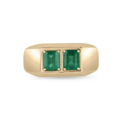 10K Gold 2 CT.T.W. Emerald Cut Double Emerald Duo Chunky Unisex Bezel Ring for Men