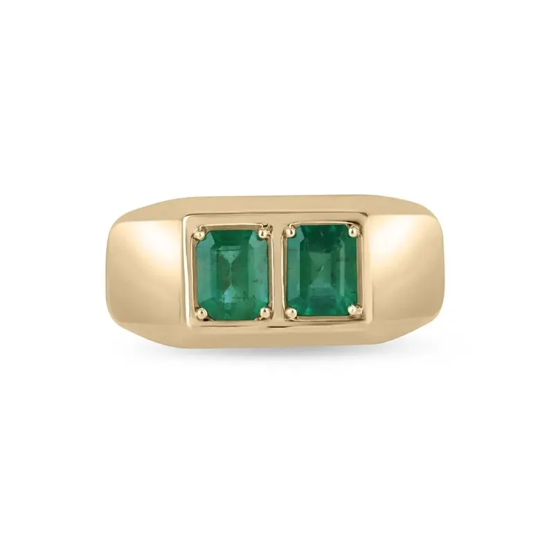 10K Gold 2 CT.T.W. Emerald Cut Double Emerald Duo Chunky Unisex Bezel Ring for Men