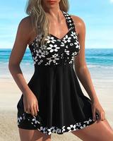 Women's Swimsuit Sexy Bikini Halter Short Dress Polka Dot Print Floral Pattern Ruffle Hem Adjustable Straps