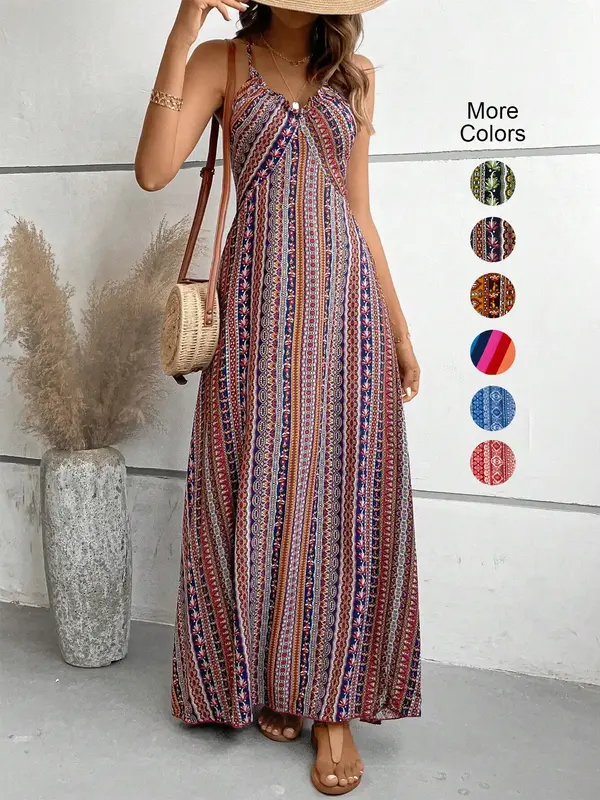 Women's Ethnic Pattern Long Dress, Classic Stripe Design, Backless Cross Strap, All Seasons Wearable, Can Be Paired with Oute...