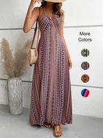 Women's Ethnic Pattern Criss Cross Backless Cami Dress, Casual Boho Fashion Sleeveless Spaghetti Strap Long Sundress for Beac...