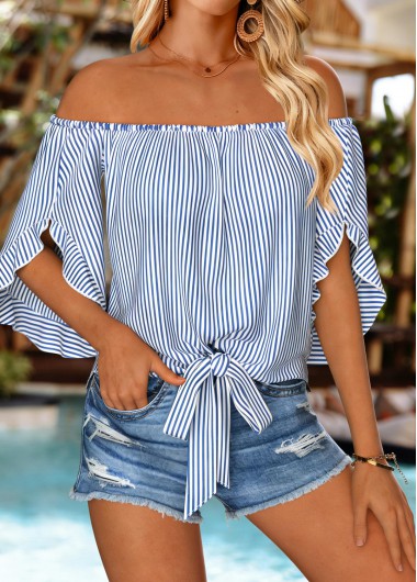 Modlily Blue Tie Striped Half Sleeve Off Shoulder Blouse - XL