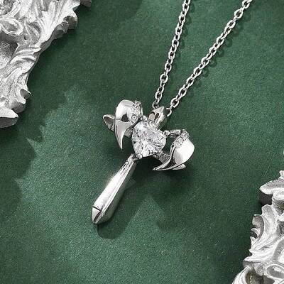 Brass Cubic Zirconia Wing Cross Pendant Necklaces for Women