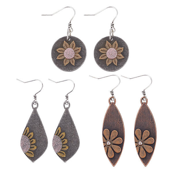 3 Pairs 3 Style Alloy Lotus Flower Dangle Earrings for Women