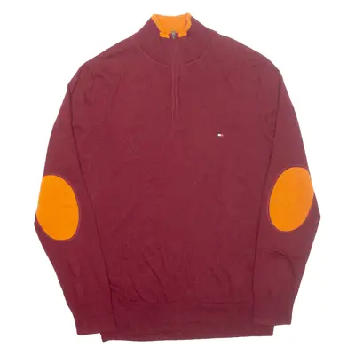 TOMMY HILFIGER Mens Jumper Maroon 1/4 Zip Tight Knit Wool M