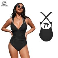 CUPSHE Women's One Piece Swimsuit Casual Beachwear Tummy Control Deep V Neck Double Straps Crisscross Back Tie Bathing Suit S...