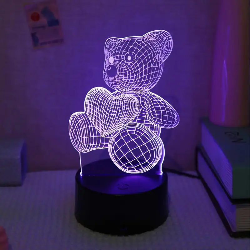 3D Bear Shape Rechargeable Night Light, Holding Heart Bear Ambient Room Lights, Touch Control Desktop LED Lights For Bedroom,...