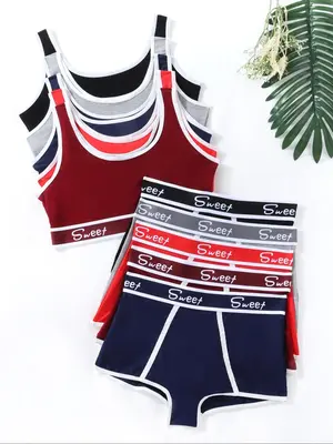 Women's Letter Print Contrast Binding Wireless Bra & Panty Underwear Set, Casual Girly Fashion Breathable Comfortable Underwe...