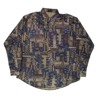 THAI Mens Shirt Brown Silk Crazy Pattern Long Sleeve 2XL