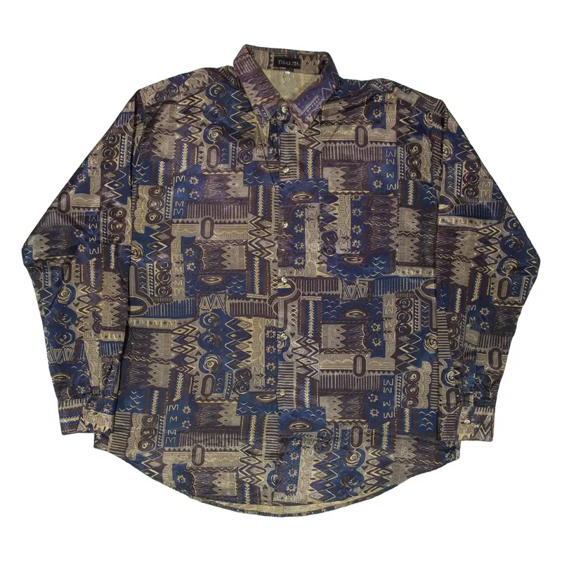 THAI Mens Shirt Brown Silk Crazy Pattern Long Sleeve 2XL