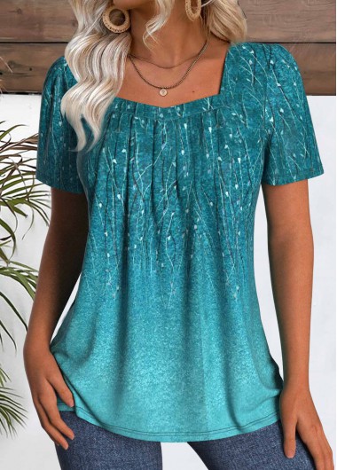 Modlily Peacock Blue Leaf Print Short Sleeve T Shirt - XL