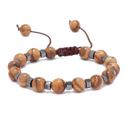 Adjustable Round Wood & synthetic Non-magnetic Hematite Braided Bead Bracelets for Men