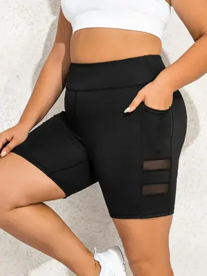 【Plus Size】 Contrast Mesh Pocket Sports Shorts, Women's Comfortable Breathable Seamless High Stretch Skinny Shorts, Ladi...