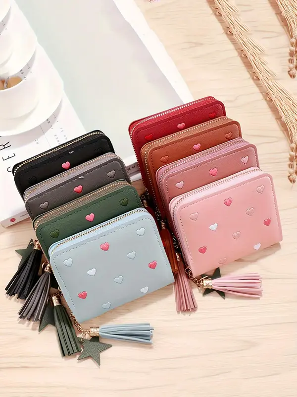Women's Cute Heart Embroidering Short Wallet, Casual Multi-card Slot Card Holder, Fashionable Wallet for Daily Use