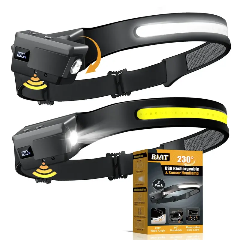 Portable Rechargeable LED Headlamp, 1/2/3 Counts 230°Wide Beam Headlight with Motion Sensor, 90°Rotation & Removable Head L...