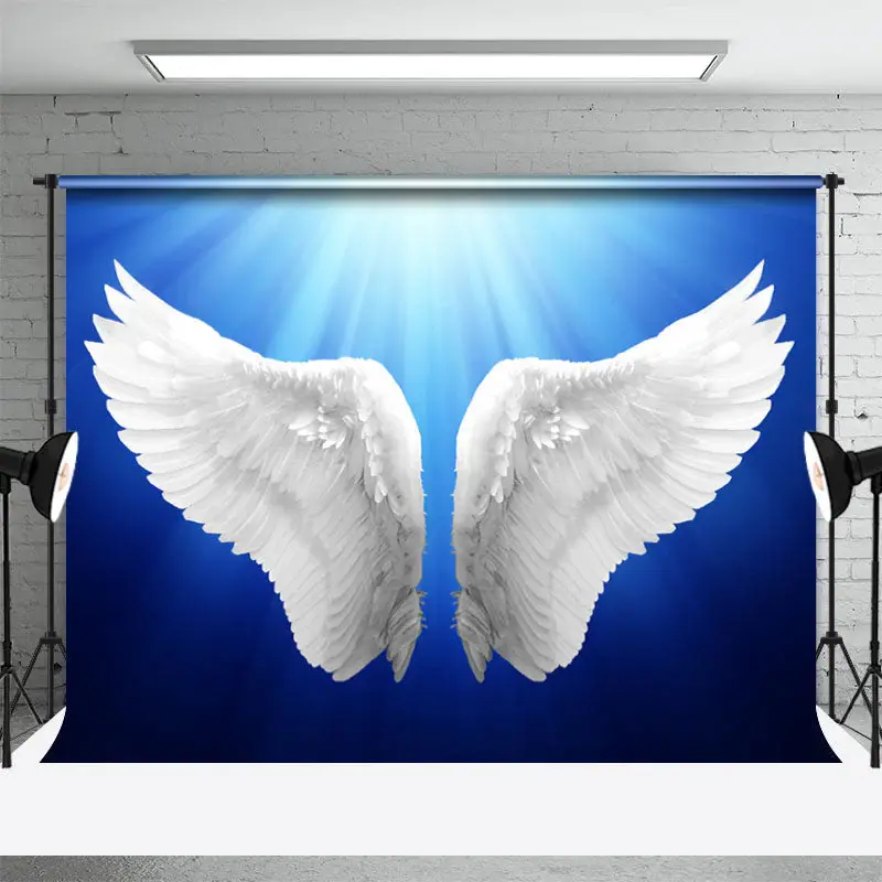 White Angel Wings Flying Sunshine Funeral Backdrop - Aperturee