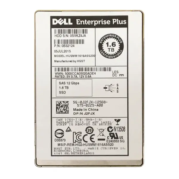 0J2FJX Dell 1.6TB Multi-Level Cell SAS 12Gb/s Write Intensive (512e) 2.5-Inch Solid State Drive