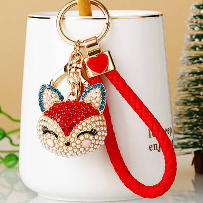 Full Rhinestone Pearl Fox Head Pendant Keychain