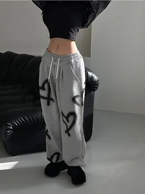 Women's Heart Print Drawstring Pants, Casual Sporty Wide Leg Pants for Daily Outdoor Wear, Ladies Bottoms for All Seasons