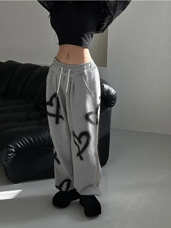 Women's Heart Print Drawstring Pants, Casual Sporty Wide Leg Pants for Daily Outdoor Wear, Ladies Bottoms for All Seasons