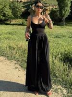 Women's Plain Criss Cross Backless Ruched Wide Leg Jumpsuit, Casual Solid Sleeveless Spaghetti Strap Jumpsuit for Summer, Lad...