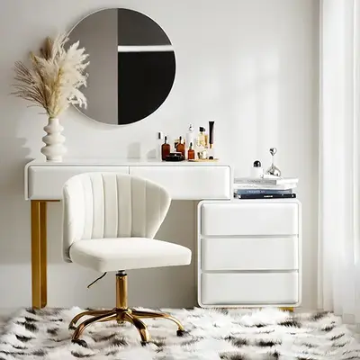 TINA'S HOME Velvet Shell Vanity Chair for Save Space, Low Back Swivel Rolling Chair with Wheels& Gold Base, Adjustable Height...