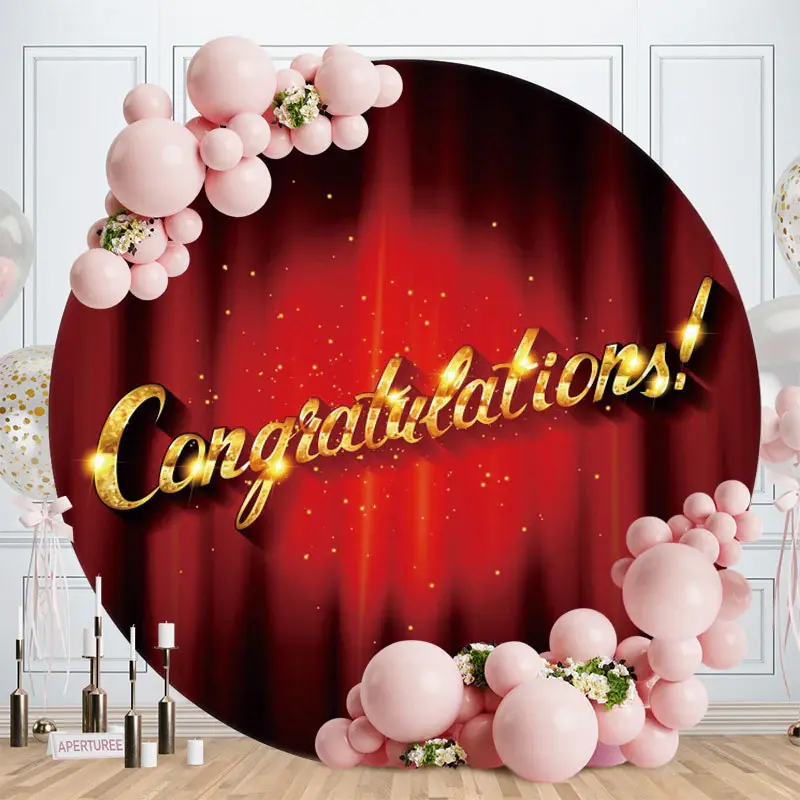 Gold Glitter Round Red Congratulations Backdrop - Aperturee