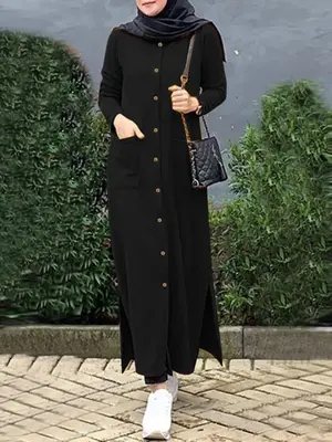 Women's Plain Button Front Pocket Split Hem Long Arabian Dress, Casual Long Sleeve Round Neck Long Dress for Daily Wear, Ladi...
