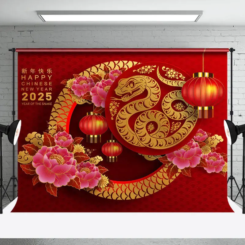 Aperturee Snake Flowers Red Chinese New Year Party Backdrop
