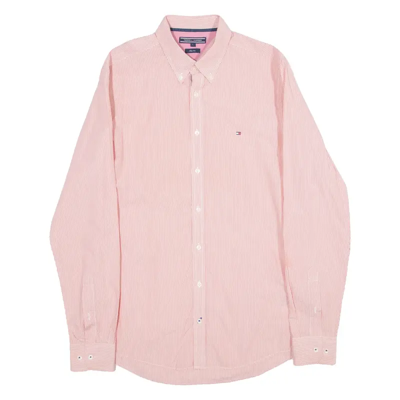 TOMMY HILFIGER Slim Fit Mens Shirt Pink Striped Long Sleeve L