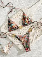Two-piece Set Women's All Over Print Special-shaped Metal Ring Decor Halter Neck Bikini Set, High Stretch Casual Fashion Chic...