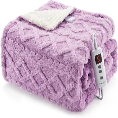 Garvee Heated Throw Blanket Sherpa Electric 10 Heat Levels 10 Time Settings Thick Tufted Jacquard Machine Washable 50x60 Purp...