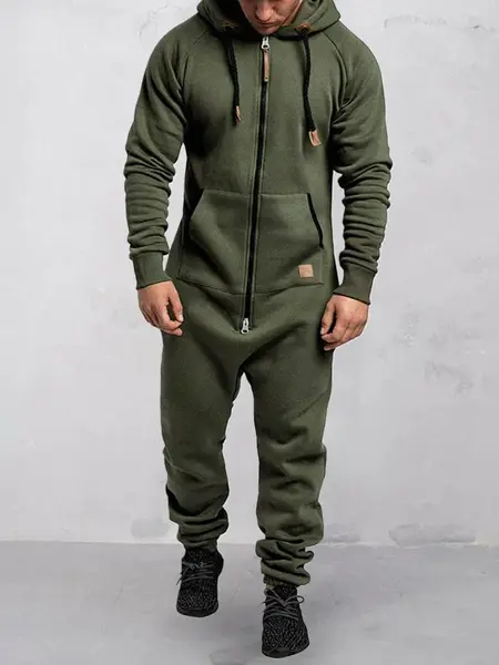 Hooded Fleece Solid Color Jumpsuit, Army Green / XXL