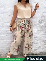 【Plus Size】 Plain Sleeveless Top & Floral Print Wide Leg Pants Two-piece Set, Boho Casual Notched Neck Top & Pants for Da...