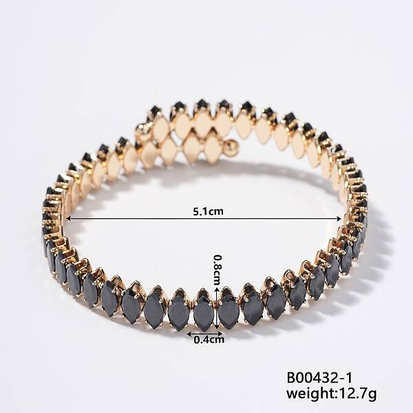 Elegant Brass Pave Black Cubic Zirconia Rhombus Open Cuff Bracelet for Women
