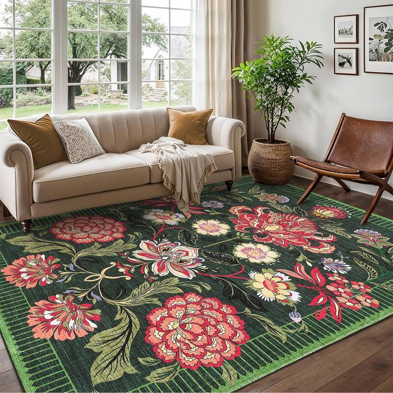 Garvee Floral Area Rug 10x13 Low Pile Soft Non Slip Stain Resistant Botanical Print Vintage Green Living Room Bedroom Dining ...