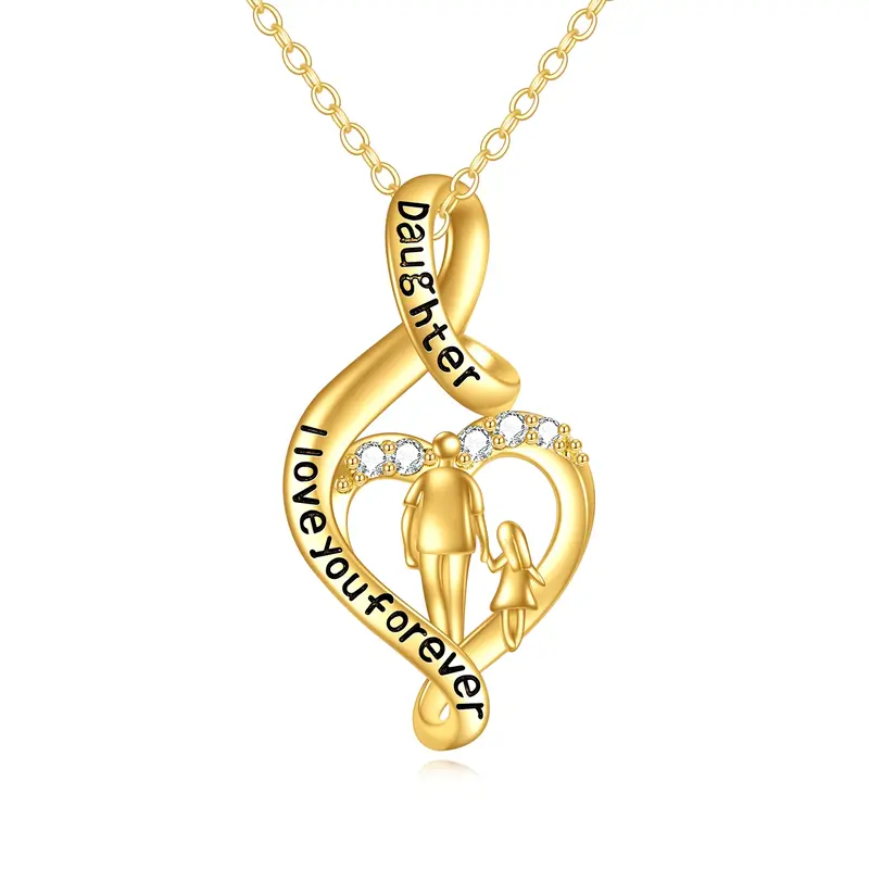 14K Gold Cubic Zirconia Father & Daughter Pendant Necklace with Engraved Word