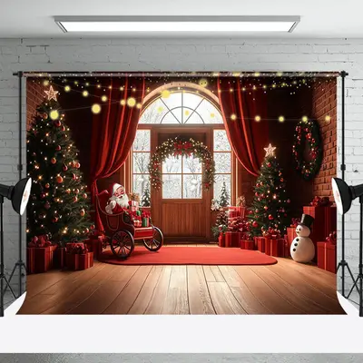 Red Curtain Mat Santa Window Snow Christmas Backdrop - Aperturee