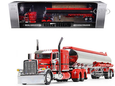 Peterbilt 389X with 63â€ Flat Top Sleeper and Heil Fuel Tank Trailer Wayne Transports Red with Black Stripes Big Rigs Se...