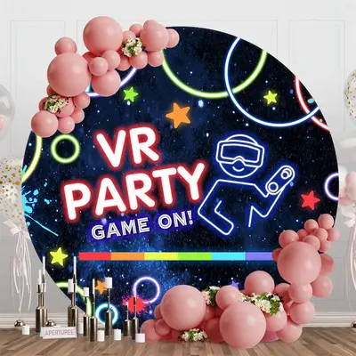 Round Night Stars Neon Game On Vr Party Backdrop