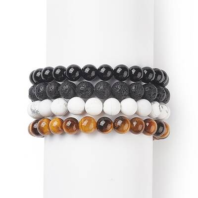 4Pcs 4 Style Synthetic & Natural Mixed Gemstone Round Beaded Stretch Bracelets Set for Men Women