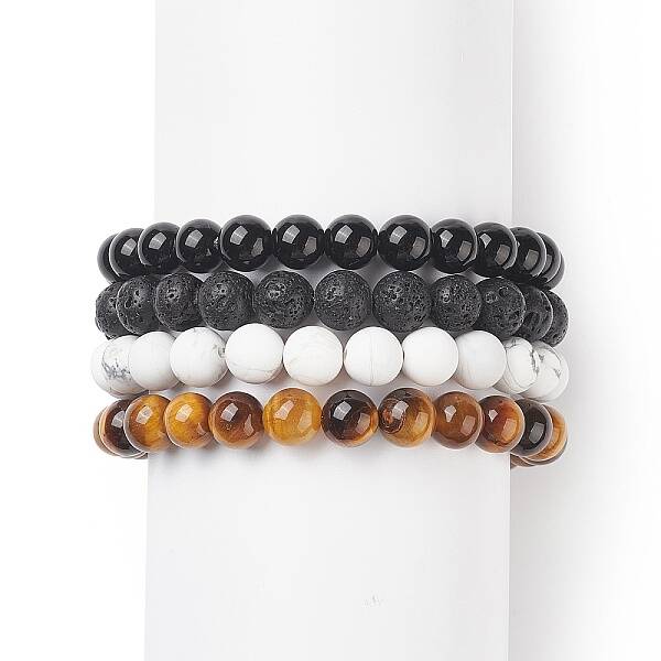 4Pcs 4 Style Synthetic & Natural Mixed Gemstone Round Beaded Stretch Bracelets Set for Men Women