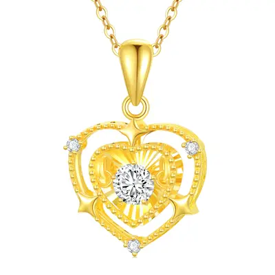 18K Gold Circular Cubic Zirconia Heart With Heart Pendant Necklace For Women