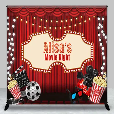Custom Red Curtain Cinema Movie Night Party Backdrop - Aperturee